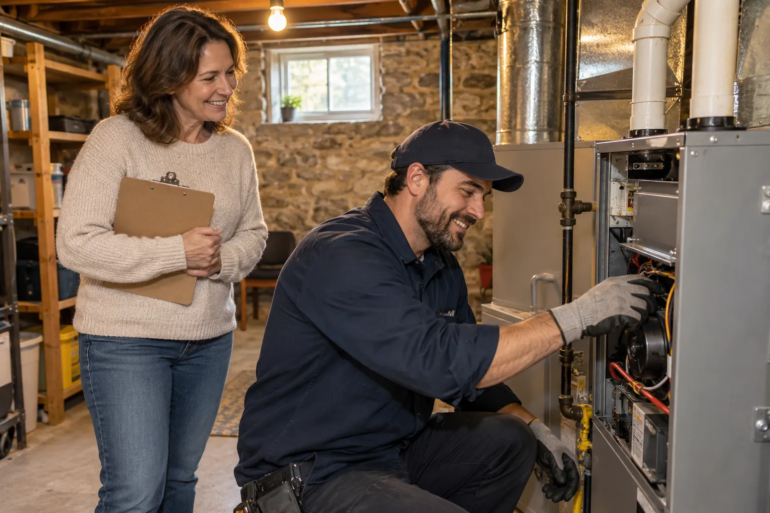 A friendly heating provider checking a furnace in a basement of an older home near Burgettstown