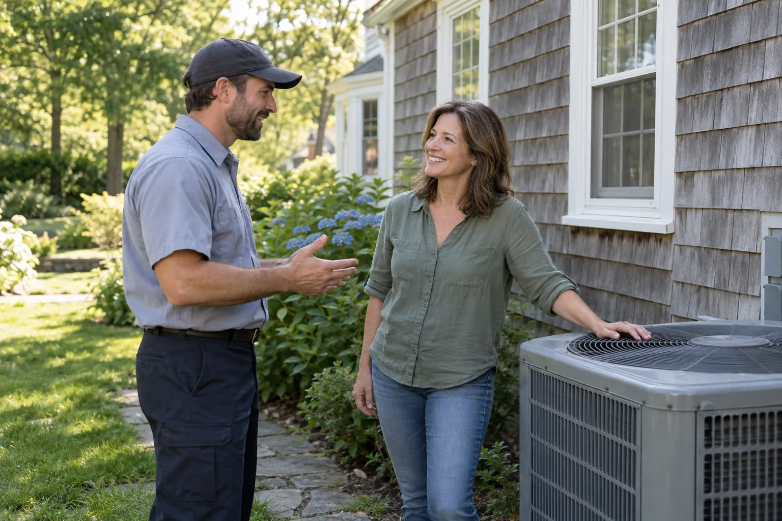 A friendly HVAC provider talking with a homeowner beside an older house in Burgettstown